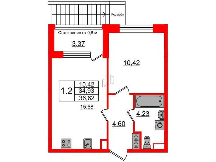 Продажа 1-комнатной квартиры 34,9 м², 1/9 этаж
