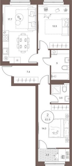 Продажа 2-комнатной квартиры 63,9 м², 2/18 этаж