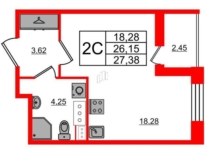 Продажа квартиры-студии 26,1 м², 12/12 этаж