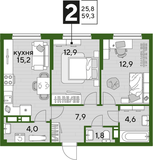 Продажа 2-комнатной квартиры 59,3 м², 14/16 этаж