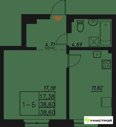 Продажа 1-комнатной квартиры 38,6 м², 7/20 этаж