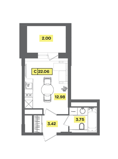 Продажа квартиры-студии 22,1 м², 7 этаж