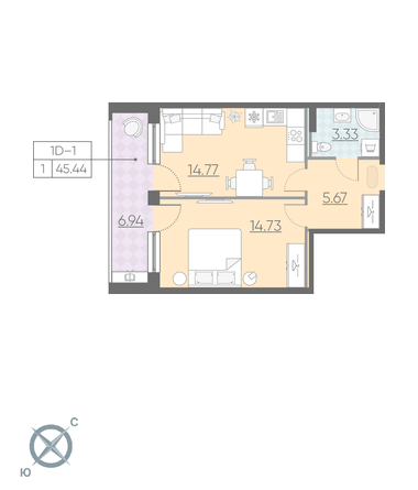 Продажа 1-комнатной квартиры 45,2 м², 2/12 этаж