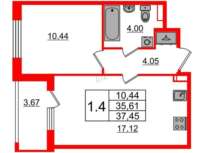 Продажа 1-комнатной квартиры 35,6 м², 2/4 этаж