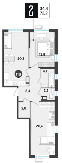 Продажа 2-комнатной квартиры 72,2 м², 13/18 этаж