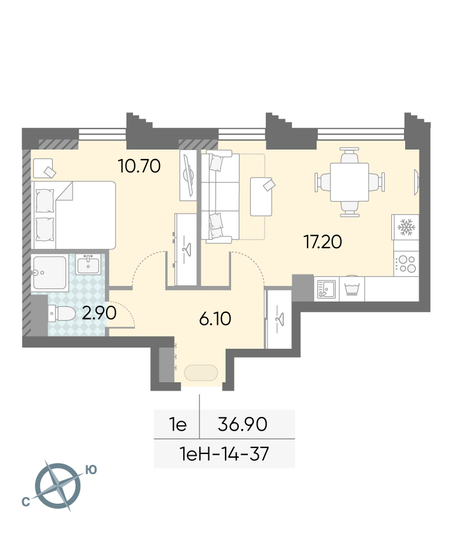 Продажа 1-комнатной квартиры 36,9 м², 37/58 этаж
