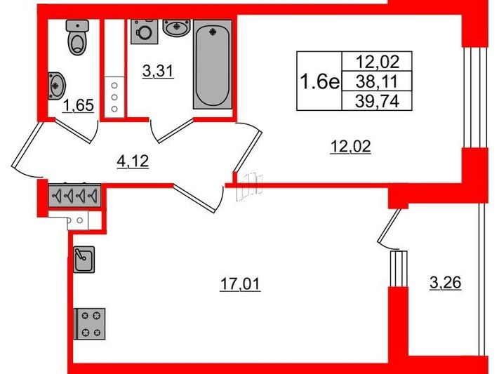 Продажа 1-комнатной квартиры 38,1 м², 4/14 этаж