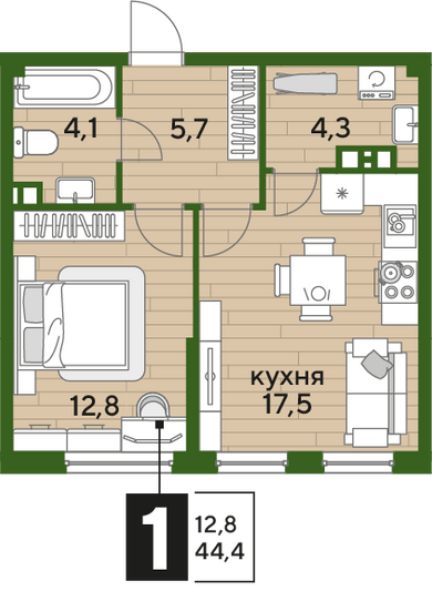 Продажа 1-комнатной квартиры 44,4 м², 5/16 этаж