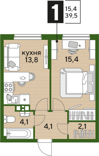 Продажа 1-комнатной квартиры 39,5 м², 4/16 этаж