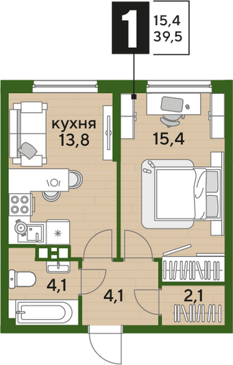 Продажа 1-комнатной квартиры 39,5 м², 3/16 этаж