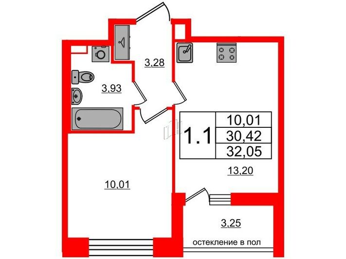 Продажа 1-комнатной квартиры 30,4 м², 2/12 этаж
