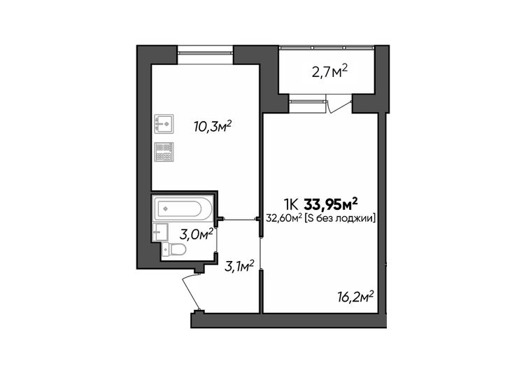 Продажа 1-комнатной квартиры 34 м², 2/3 этаж