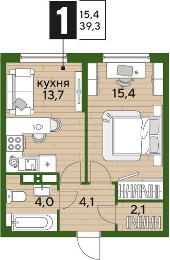 Продажа 1-комнатной квартиры 39,3 м², 12/16 этаж