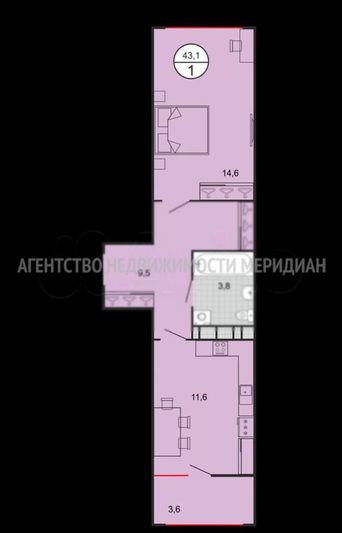 Продажа 1-комнатной квартиры 43 м², 4/9 этаж