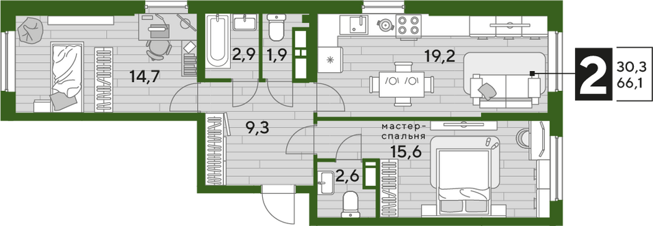 Продажа 2-комнатной квартиры 66,1 м², 11/16 этаж