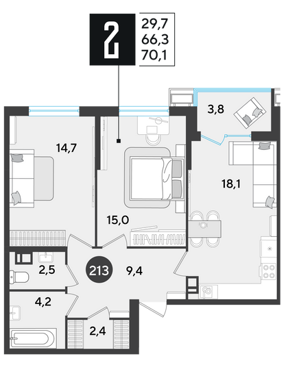 Продажа 2-комнатной квартиры 70,1 м², 7/9 этаж