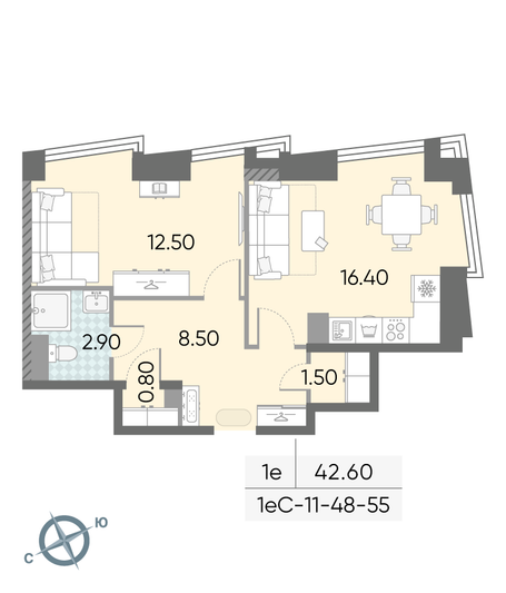 Продажа 1-комнатной квартиры 42,6 м², 54/58 этаж