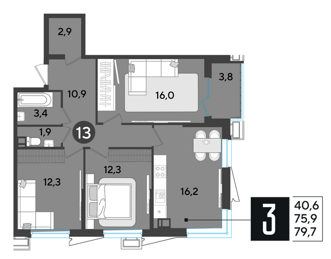 Продажа 3-комнатной квартиры 79,7 м², 3/18 этаж