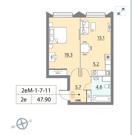 Продажа 2-комнатной квартиры 47,9 м², 6/17 этаж