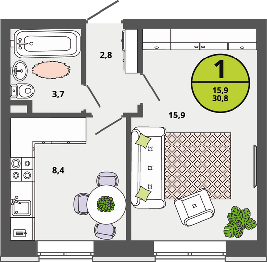 Продажа 1-комнатной квартиры 30,8 м², 1/3 этаж