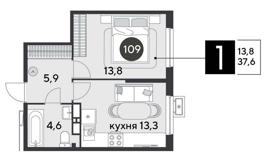 Продажа 1-комнатной квартиры 37,6 м², 12/18 этаж