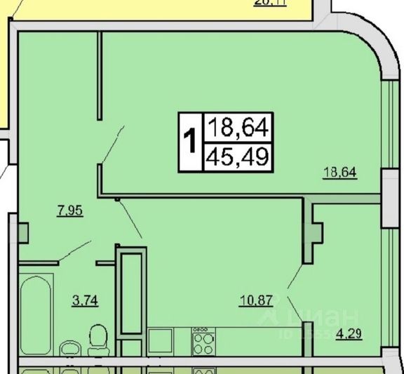 Продажа 1-комнатной квартиры 44,8 м², 5/18 этаж
