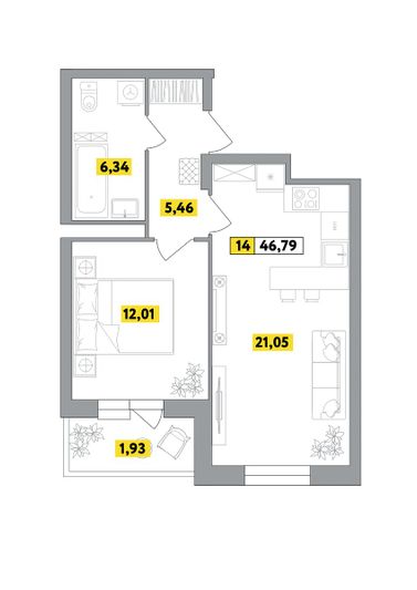 Продажа 2-комнатной квартиры 46,8 м², 6 этаж