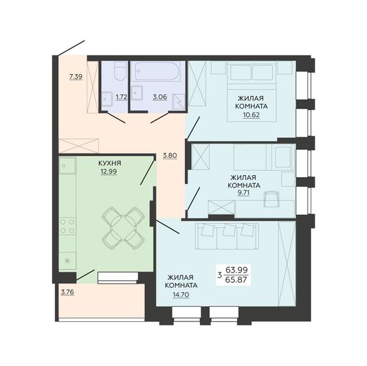Продажа 3-комнатной квартиры 65,9 м², 2/21 этаж