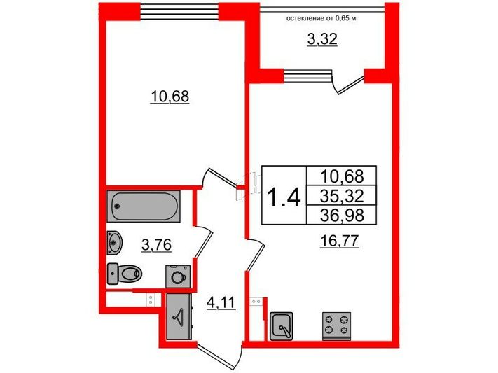 Продажа 1-комнатной квартиры 35,3 м², 2/4 этаж