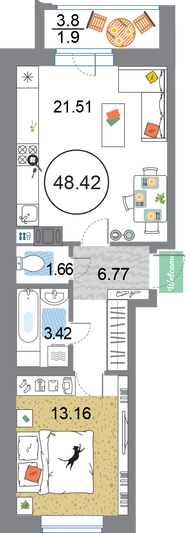 Продажа 1-комнатной квартиры 48,4 м², 9/12 этаж