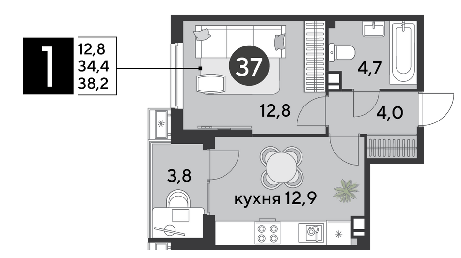 Продажа 1-комнатной квартиры 38,2 м², 5/18 этаж
