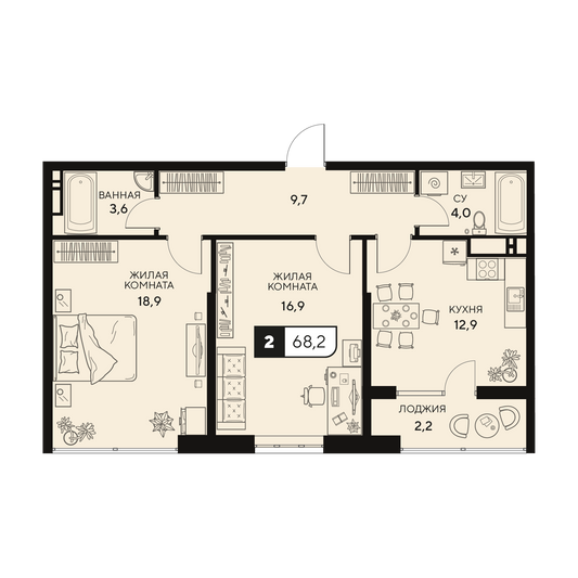 Продажа 2-комнатной квартиры 68,2 м², 9/15 этаж