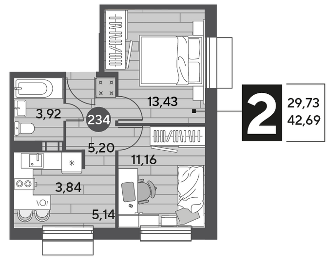 Продажа 2-комнатной квартиры 42,7 м², 8/12 этаж