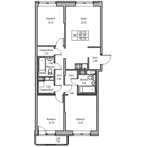 Продажа 3-комнатной квартиры 80,4 м², 3/23 этаж