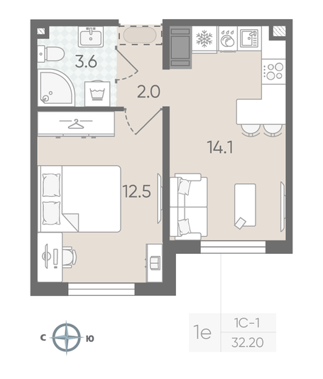 Продажа 1-комнатной квартиры 32,2 м², 9/22 этаж