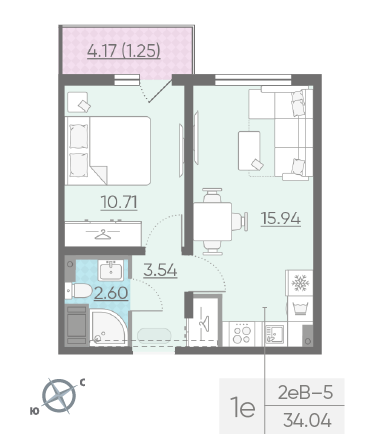 Продажа 1-комнатной квартиры 33,9 м², 5/13 этаж