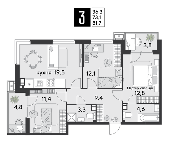 Продажа 3-комнатной квартиры 81,7 м², 4/9 этаж