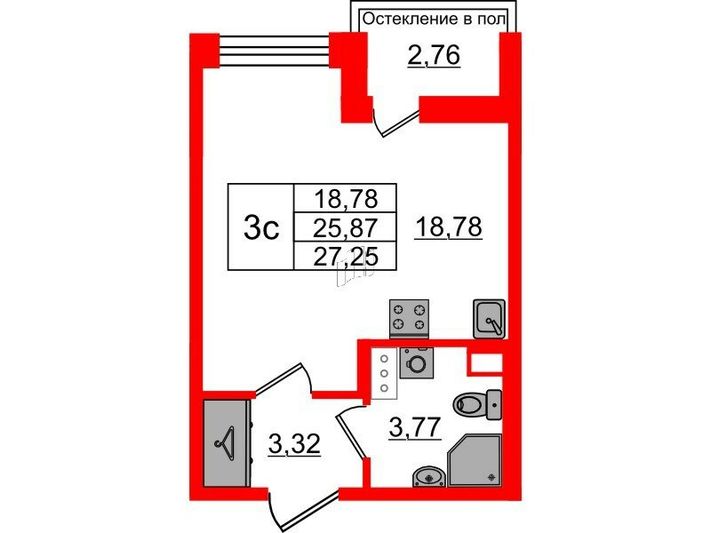 Продажа квартиры-студии 25,9 м², 2/12 этаж