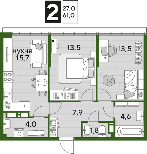 Продажа 2-комнатной квартиры 61 м², 16/16 этаж