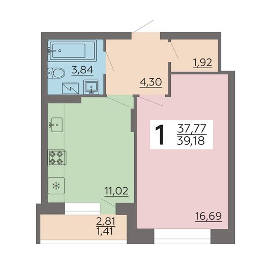 Продажа 1-комнатной квартиры 39,2 м², 22/24 этаж