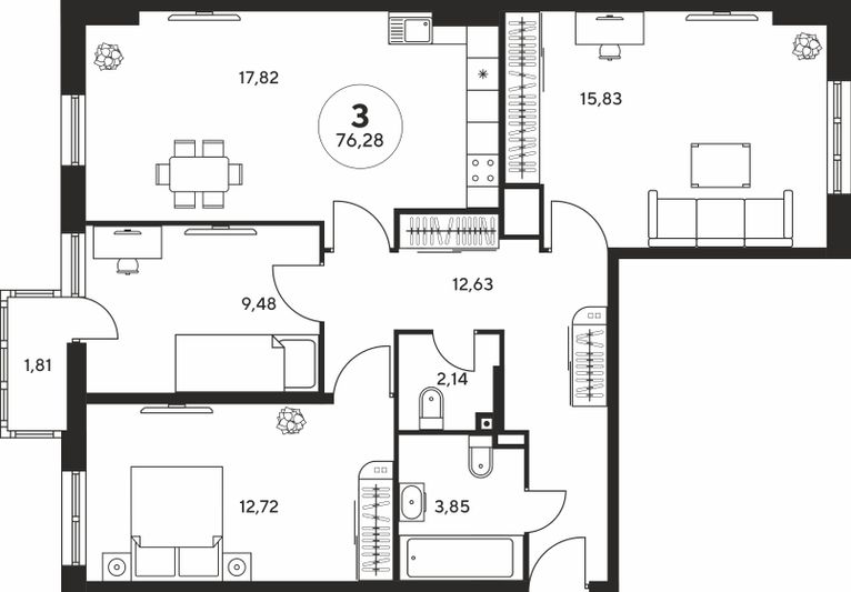 Продажа 3-комнатной квартиры 76,3 м², 13 этаж