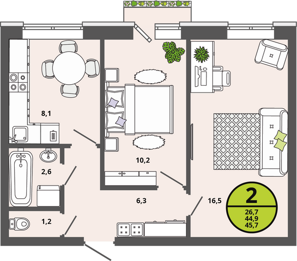 Продажа 2-комнатной квартиры 44,9 м², 2/3 этаж