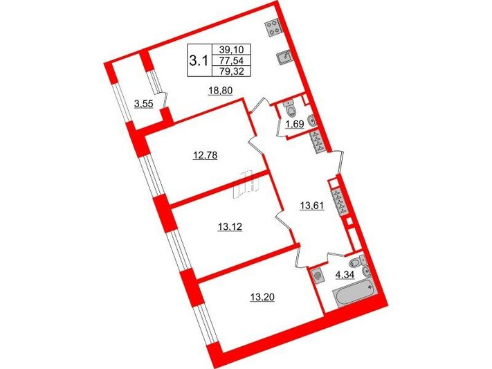 Продажа 3-комнатной квартиры 77,5 м², 2/6 этаж