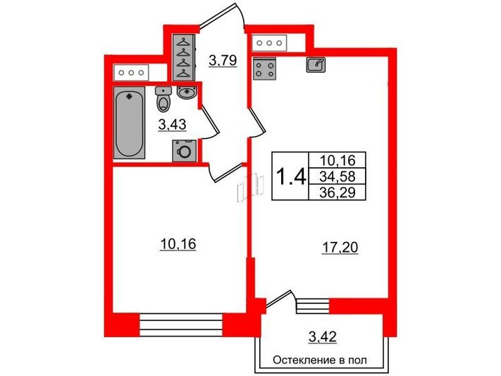 Продажа 1-комнатной квартиры 34,6 м², 6/12 этаж