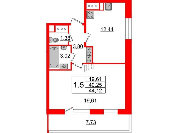 Продажа 1-комнатной квартиры 40,3 м², 2/17 этаж