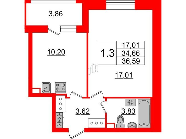 Продажа 1-комнатной квартиры 34,7 м², 2/17 этаж