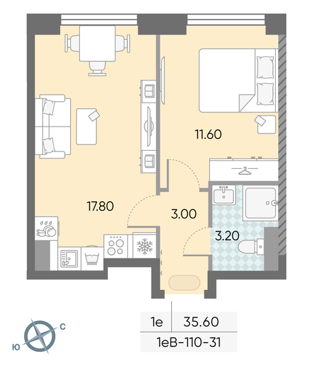 Продажа 1-комнатной квартиры 35,6 м², 31/58 этаж