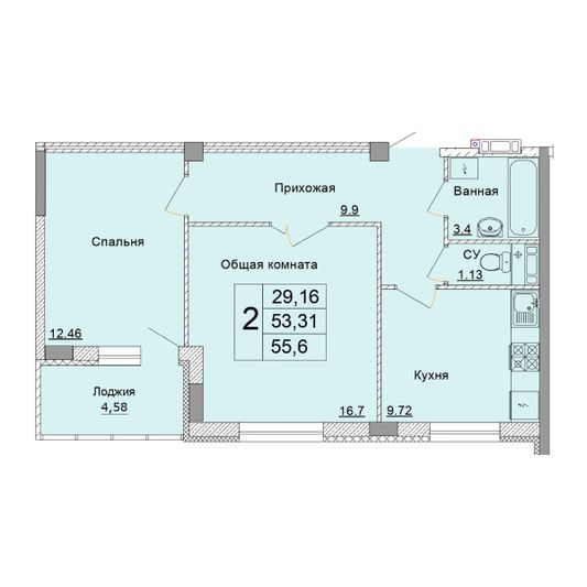 Продажа 2-комнатной квартиры 55,6 м², 7 этаж