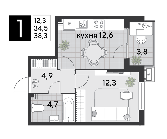 Продажа 1-комнатной квартиры 38,3 м², 2/18 этаж