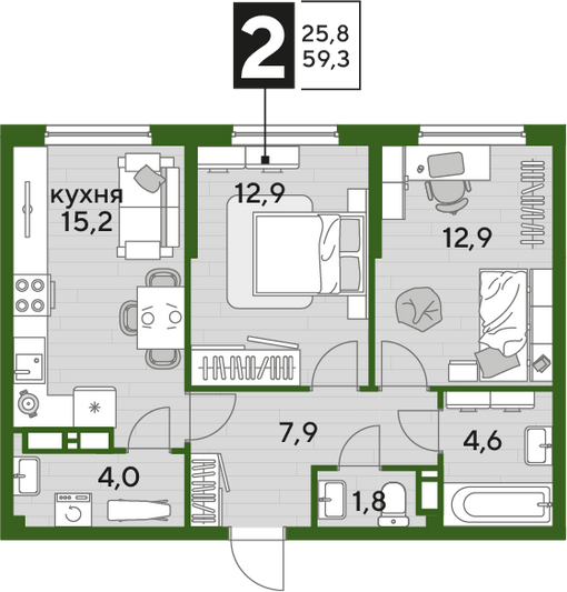 Продажа 2-комнатной квартиры 59,3 м², 10/16 этаж